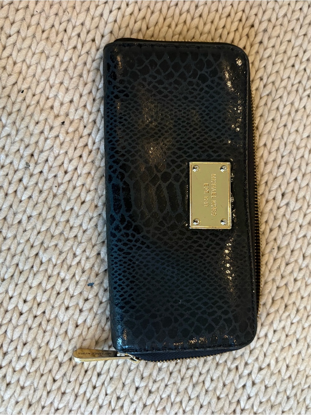 Michael Kors Black Patent Snake-Embossed Zip Wallet with Gold Plaque